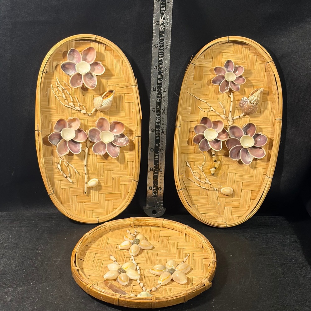 Vintage Bamboo Wicker Seashell Flower Wall Art Set of 3 Coastal Decor 3D Shells